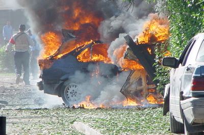 exploded/burning car